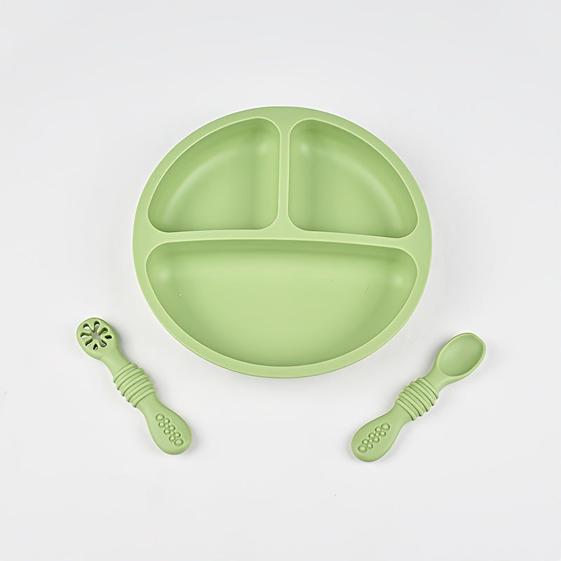 Ensemble de couverts en silicone alimentaire pour bébé - 3 pièces : assiette ronde, cuillère à fentes, cuillère à purée 