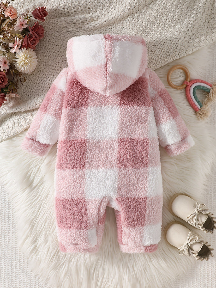 Grenouillère à capuche pour bébé fille en peluche à carreaux roses de — Monptitlou