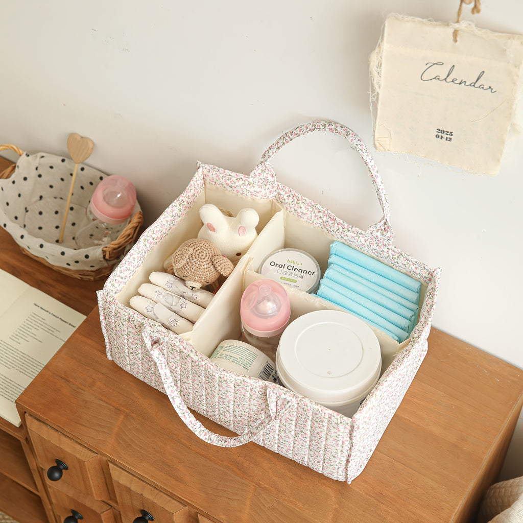 Panier de rangement matelassé floral rose — Monptitlou