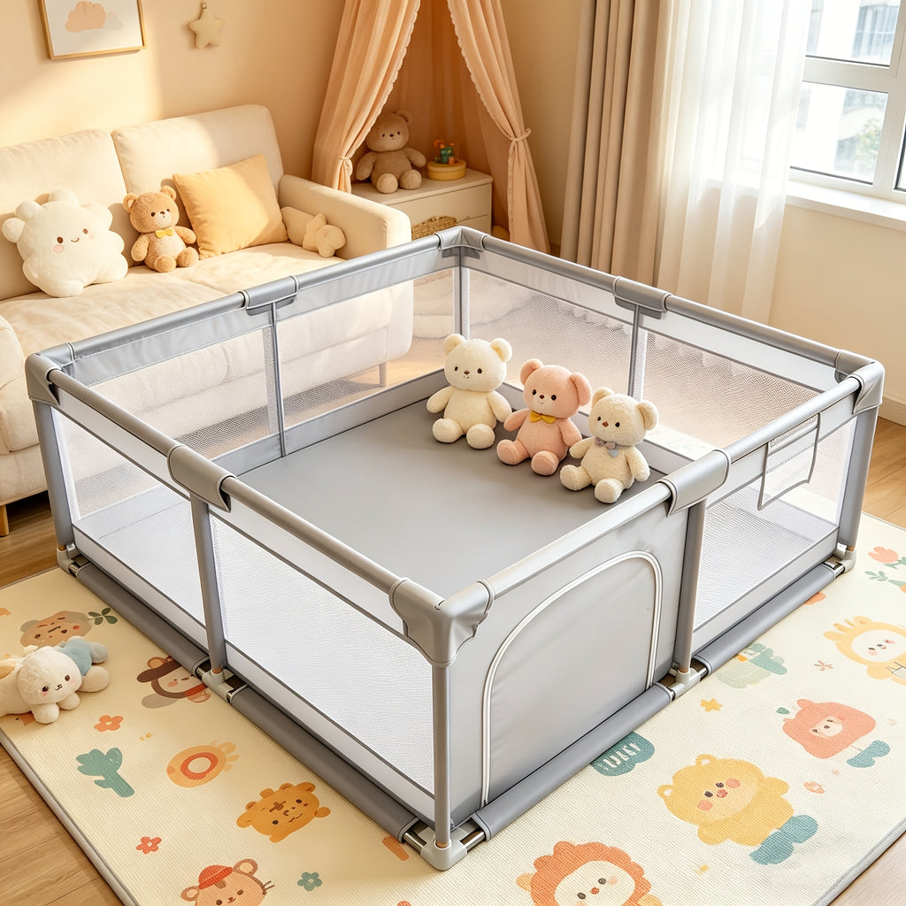 Barrière bébé surdimensionnée grise, filet souple et respirant — Monptitlou