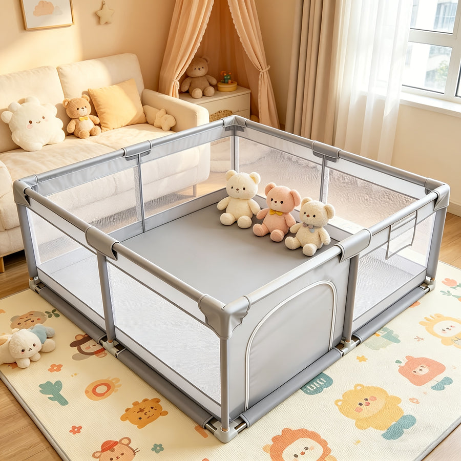 Barrière bébé surdimensionnée grise, filet souple et respirant — Monptitlou