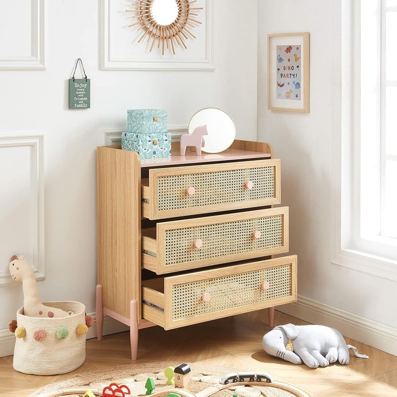 Commode enfant MAREO 80 cm rose pastel et effet chêne avec cannage — Monptitlou