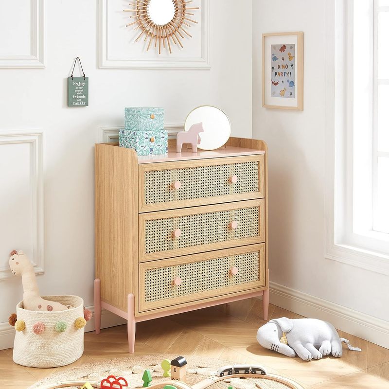 Commode enfant MAREO 80 cm rose pastel et effet chêne avec cannage — Monptitlou