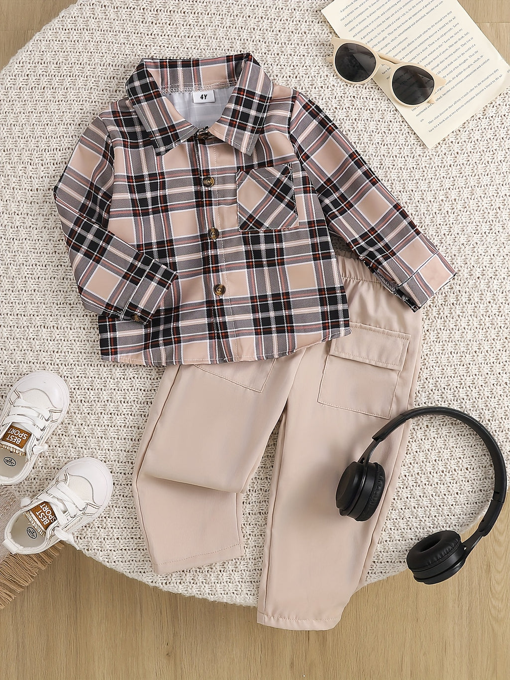 Ensemble chemise à carreaux et rayures abricot et pantalon cargo pour — Monptitlou