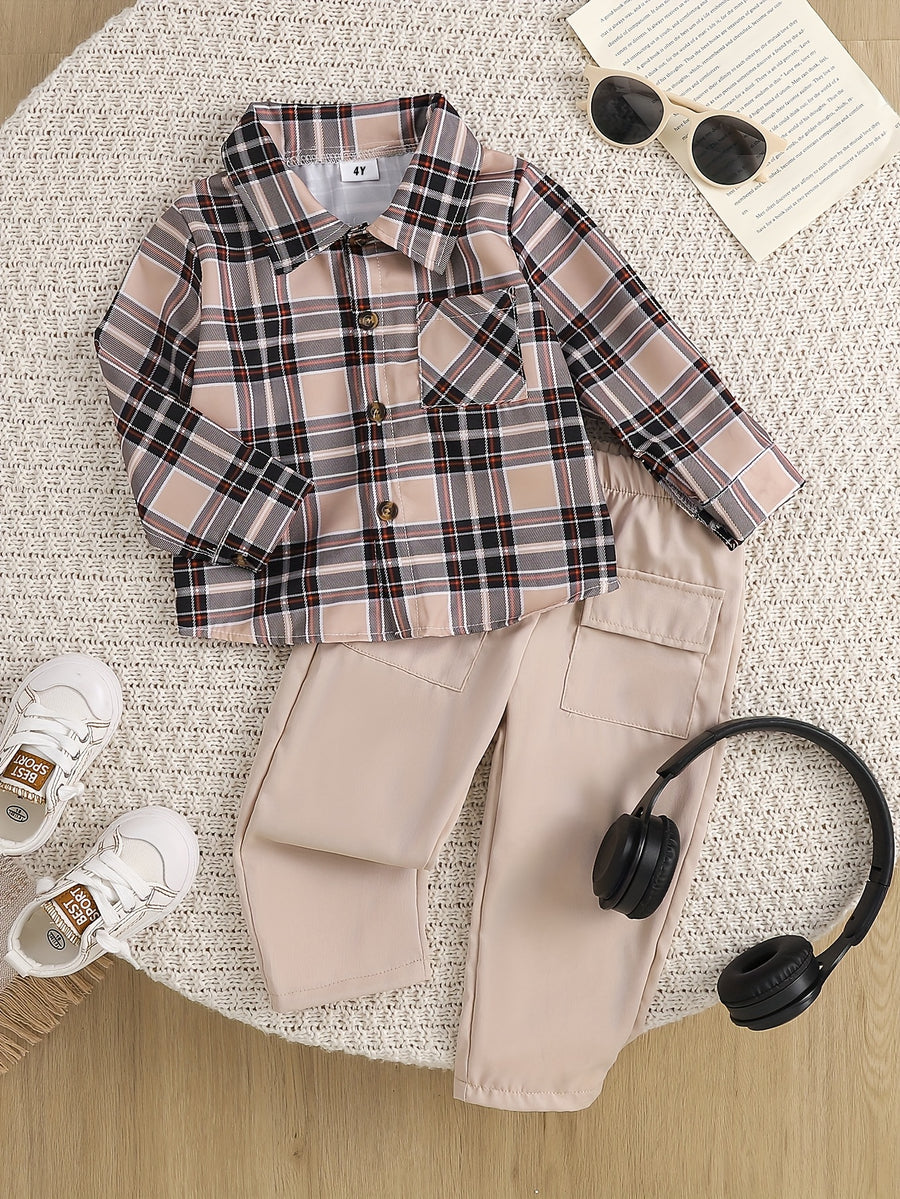 Ensemble chemise à carreaux et rayures abricot et pantalon cargo pour — Monptitlou