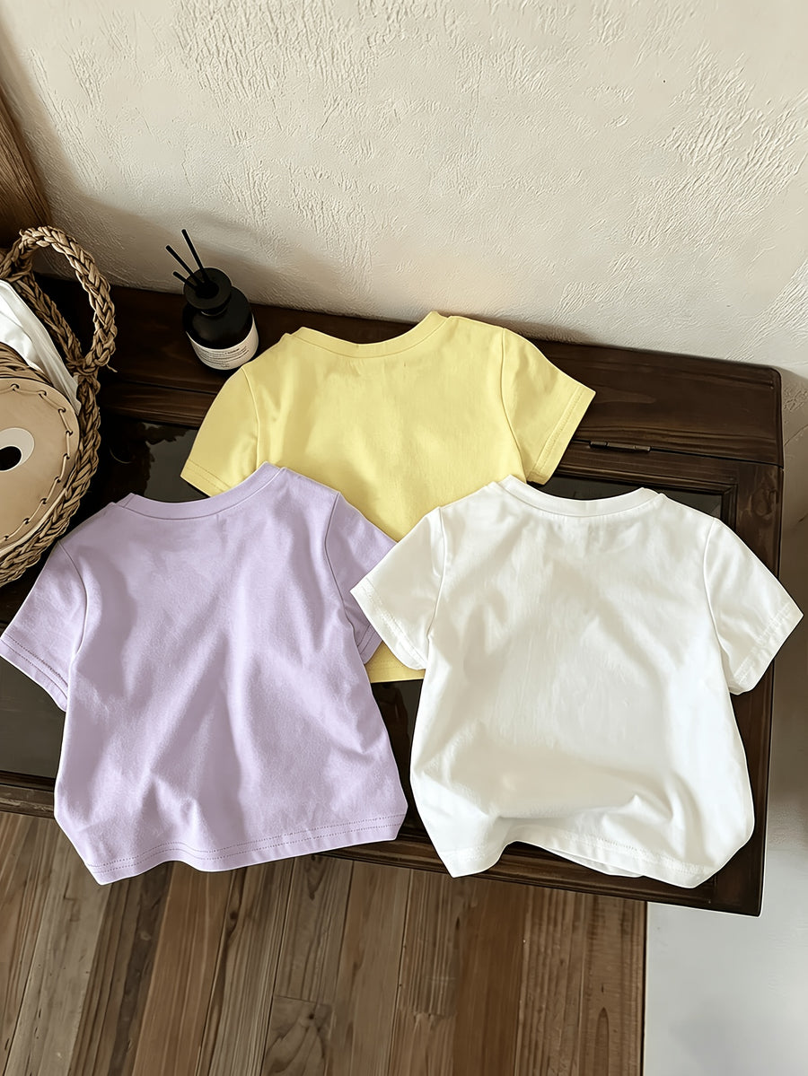 Hauts manches courtes col rond motif floral et cœur pour filles — Monptitlou