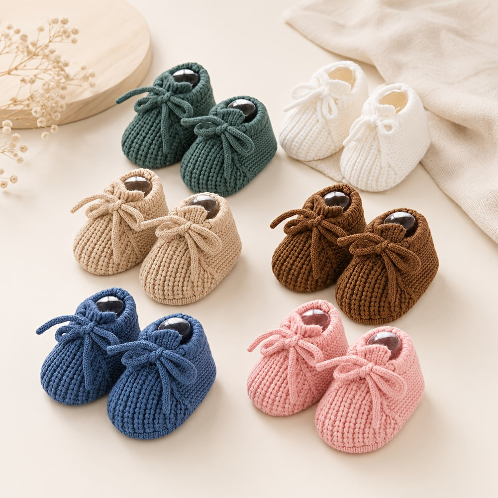 1 Paire Chaussons Crochets Nouveau-né Automne Hiver avec Nœud 0-12 Mois — Monptitlou