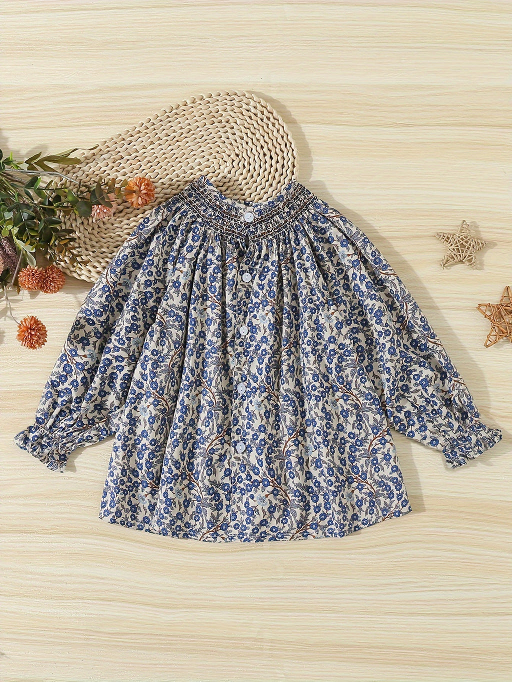 Chemise fille à manches longues - motif imprimé - taille smocked — Monptitlou