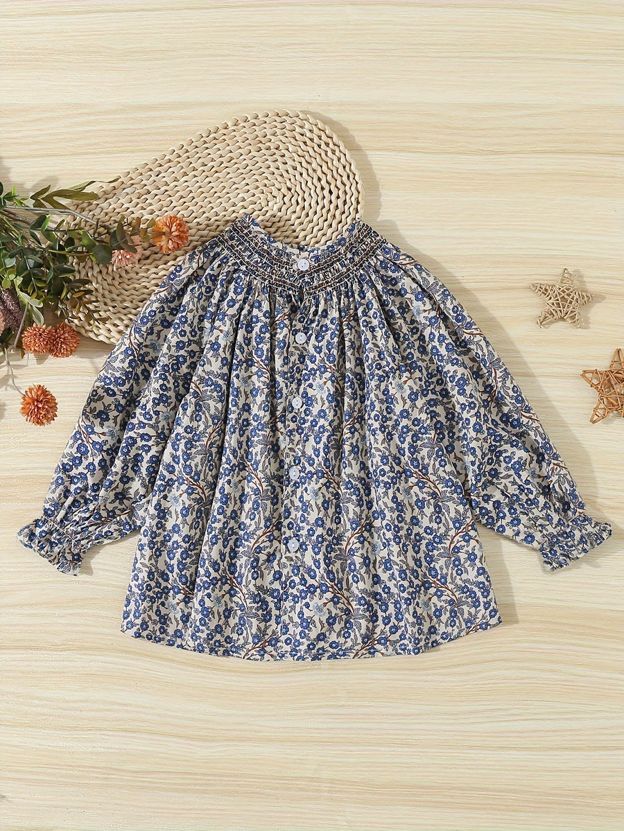 Chemise fille à manches longues - motif imprimé - taille smocked — Monptitlou