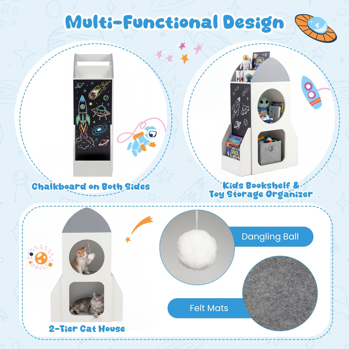 Bibliothèque pour enfants à 3 niveaux Rocket Space avec panneau tableau — Monptitlou Image