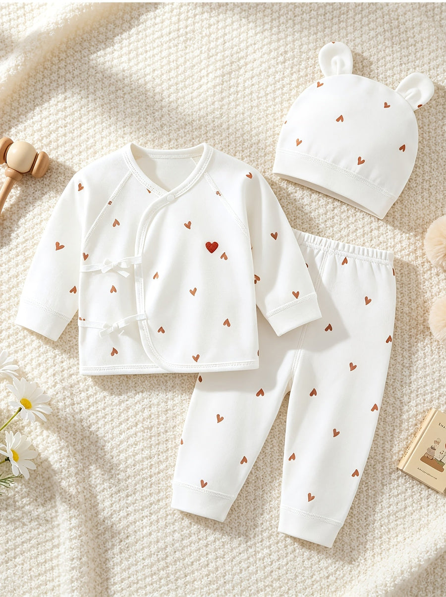 Tenue nouveau-né ensemble haut et bas imprimé cœur doux avec bonnet — Monptitlou