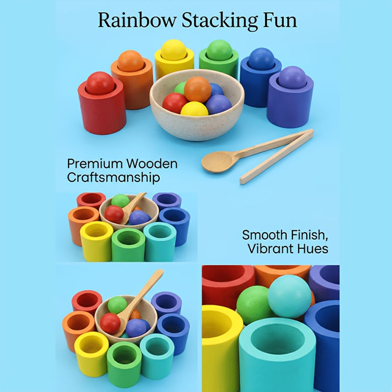 Jeu de tri des couleurs en bois avec 7 boules arc-en-ciel et 7 coupes — Monptitlou
