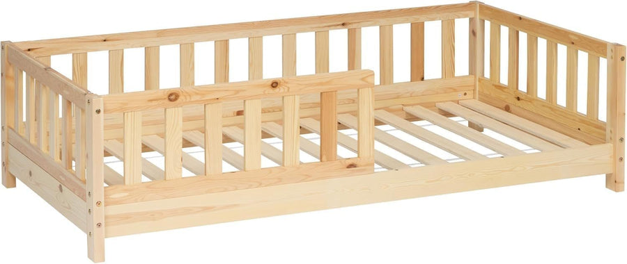 Lit Bas 90 x 190 cm en Bois Naturel avec Côtés Surélevés – Sommier à — Monptitlou