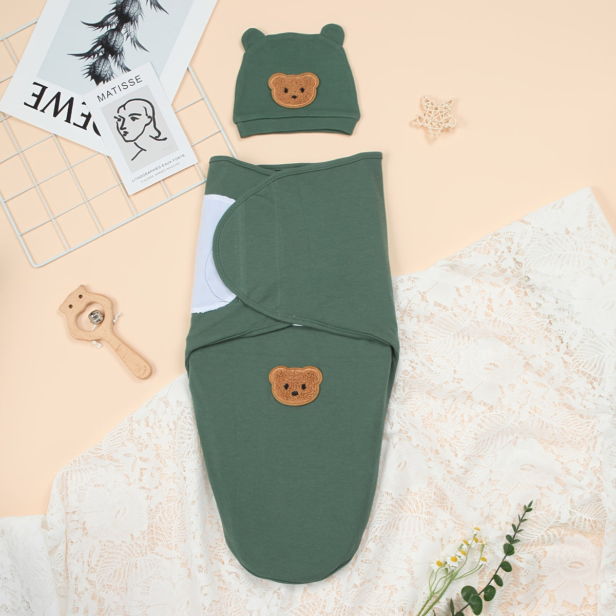 Ensemble Bébé Pure : Doublure et Bonnet, Motif Ours — Monptitlou Image