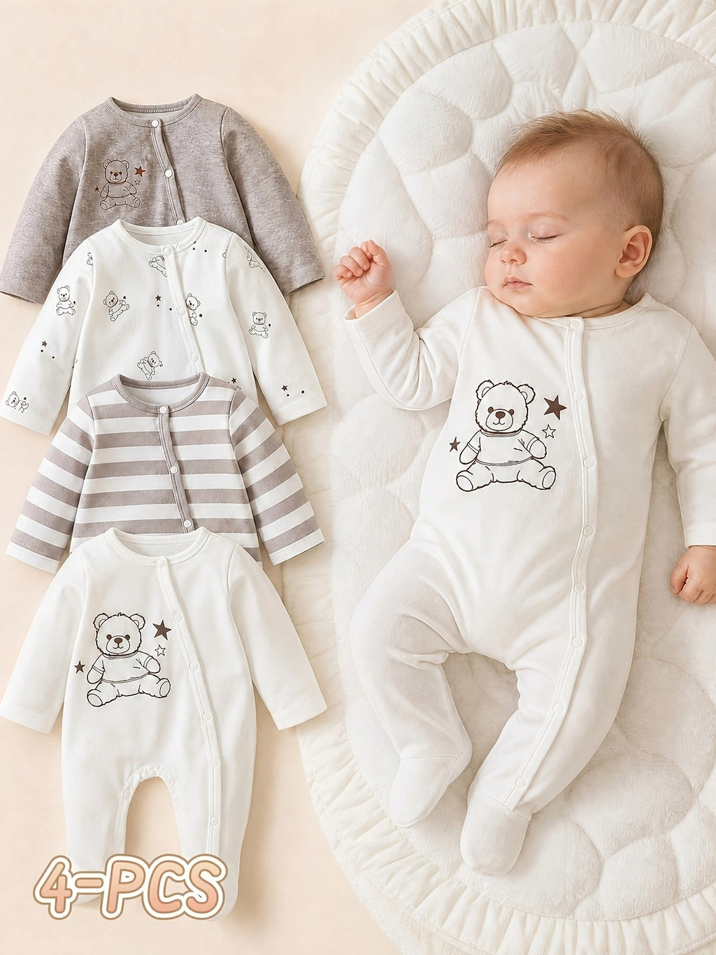 Body pour nouveau-né : rayé marron-gris + imprimé intégral petit ours + — Monptitlou