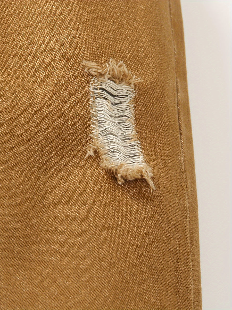 Ensemble Jeans à Manches Longues et Taille Élastique Déchiré pour