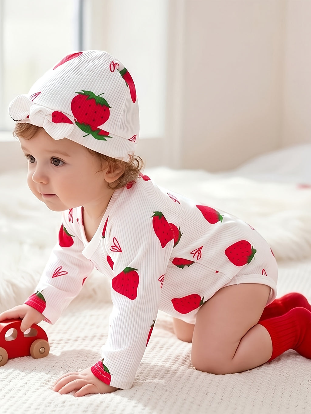 Body Triangle Bébé Fille Fond Blanc Fraise Imprimé Cartoon Volant — Monptitlou