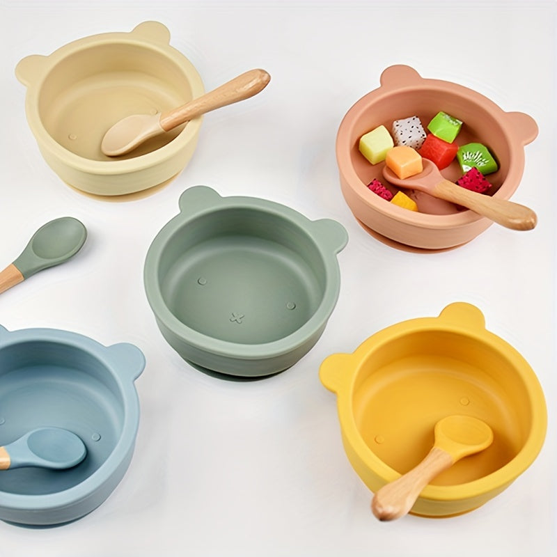 2 pièces ensemble de vaisselle pour bébé en silicone alimentaire avec ventouse, cuillère complémentaire à manche en bois