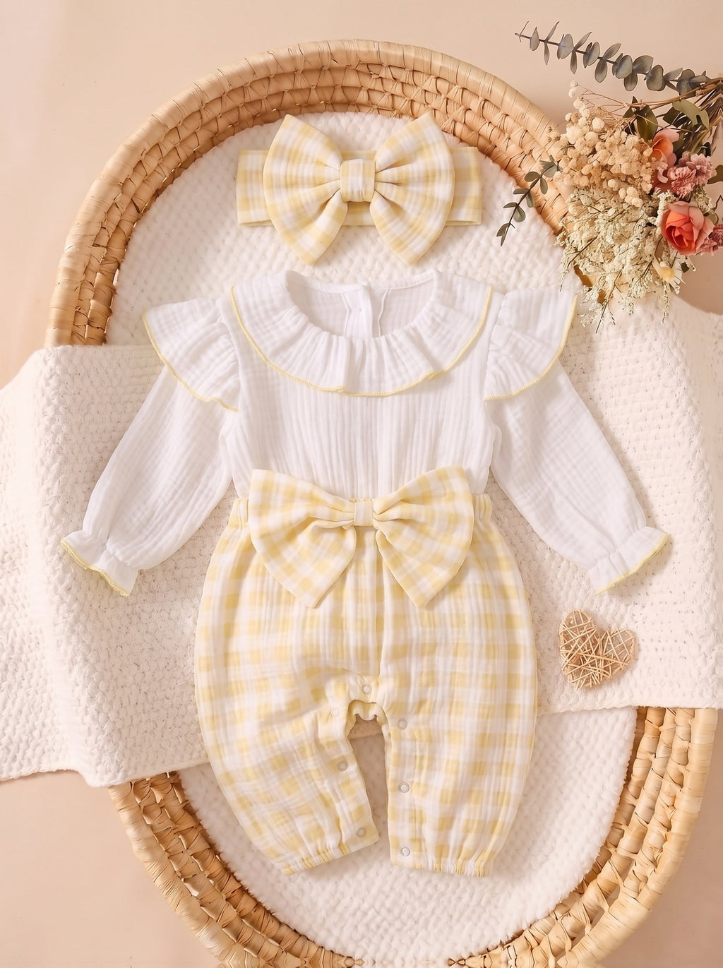 Combinaison d'automne pour bébé fille, rose à carreaux froissés — Monptitlou