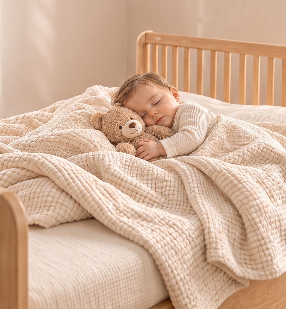 Bébé endormi contre son ours en peluche sous une couette en gaze de coton