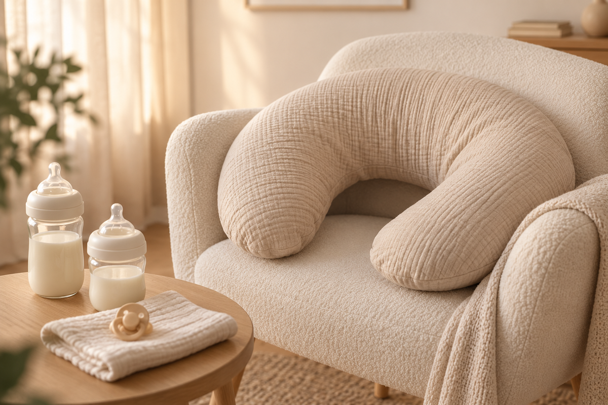 Coussin d'allaitement sur un fauteuil, biberons posés à côté Image