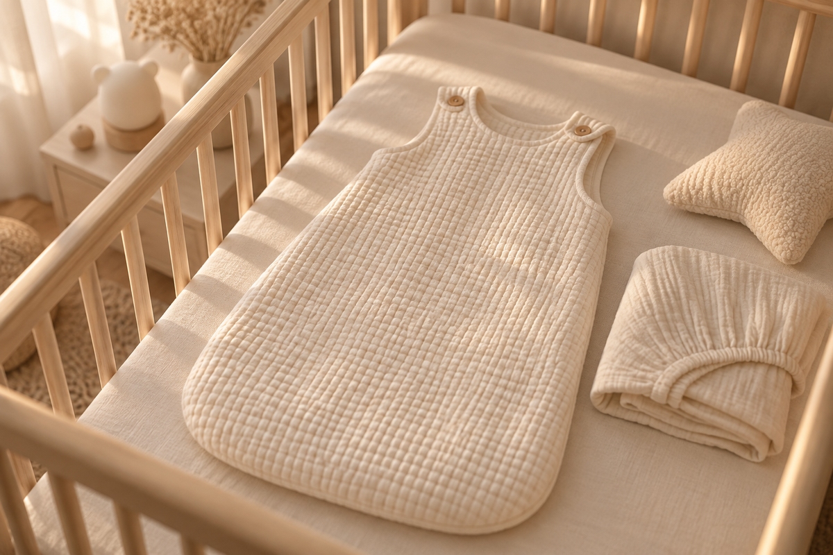 Gigoteuse en coton gaufré posée sur le matelas d'un lit à barreaux Image