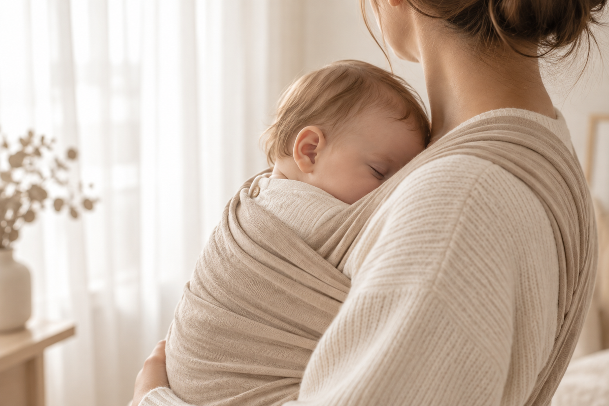 Un parent porte son bébé contre lui dans une écharpe de portage Image