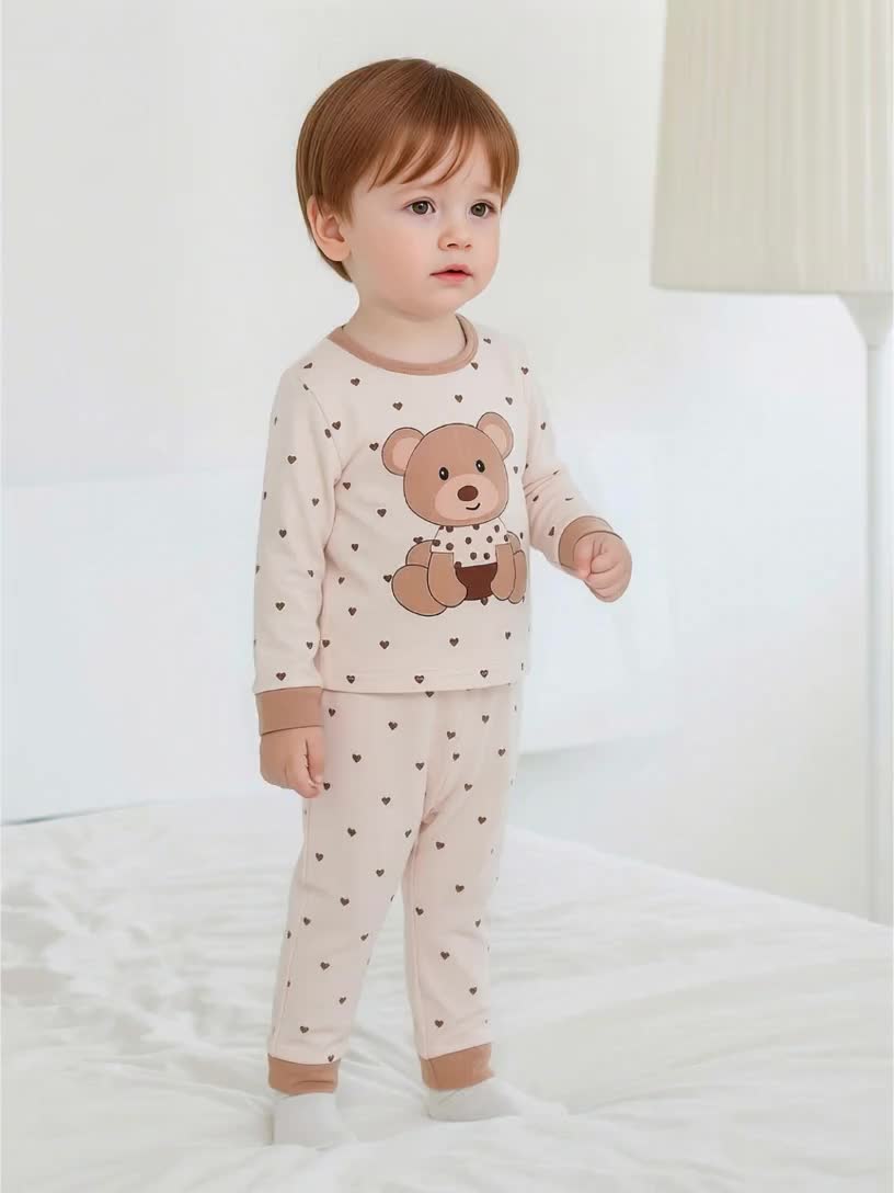 Pyjamas bébé garçon manches longues col rond motif ours à pois rayés